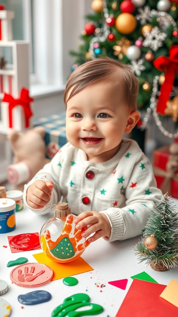 Christmas Crafts for Babies A baby creating Christmas crafts with paints and decorations.